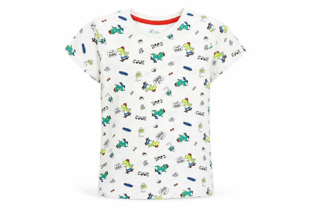 Matalan Boys White Geometric 100% Cotton Basic T-Shirt Size 5-6 Years Round Neck Pullover - Dinosaur