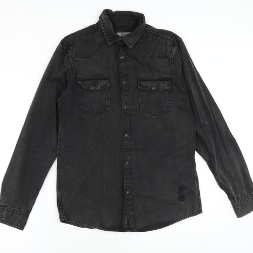 River Island Mens Black Cotton Button-Up Size S Collared Snap