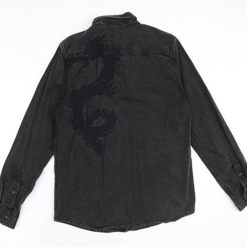 River Island Mens Black Cotton Button-Up Size S Collared Snap