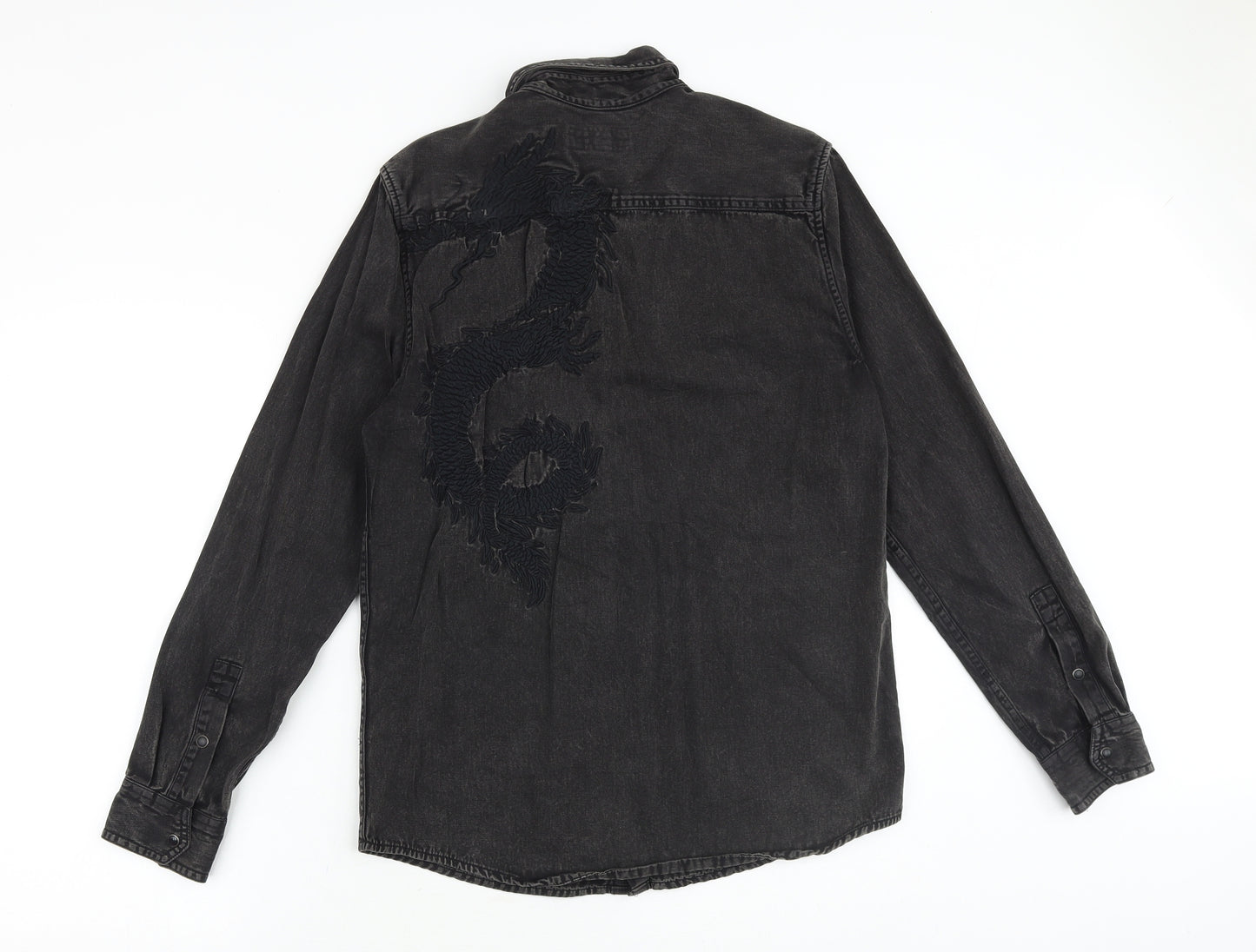 River Island Mens Black Cotton Button-Up Size S Collared Snap