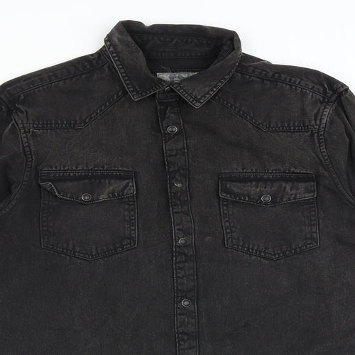 River Island Mens Black Cotton Button-Up Size S Collared Snap