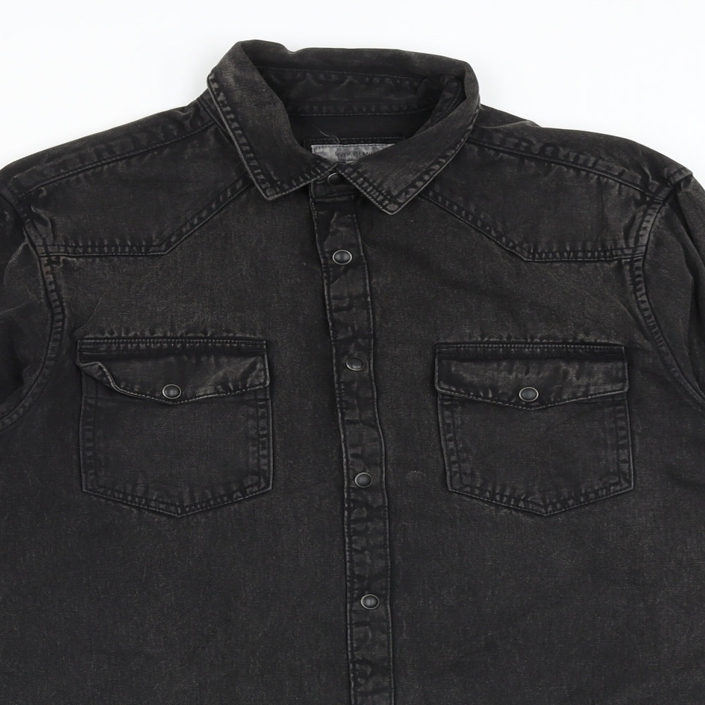 River Island Mens Black Cotton Button-Up Size S Collared Snap
