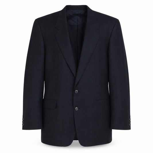 Front view of Bernhardt men’s blue striped polyester jacket blazer, size 42, regular
