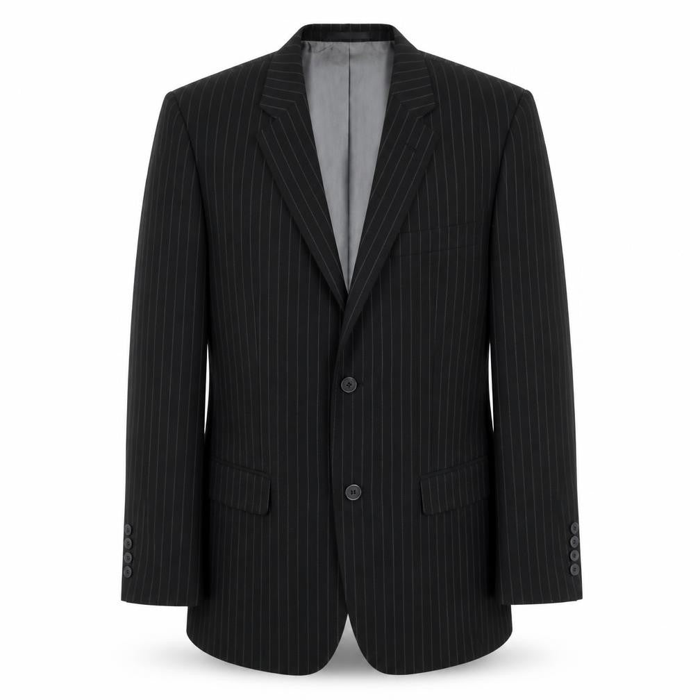 Front view of Avenue men’s black striped viscose jacket blazer, size 38, regular