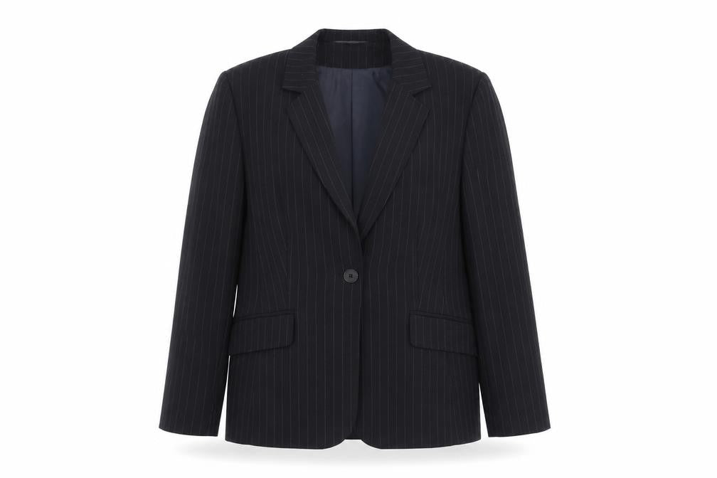 Front view of M&Co women’s black striped viscose jacket blazer, size UK 12