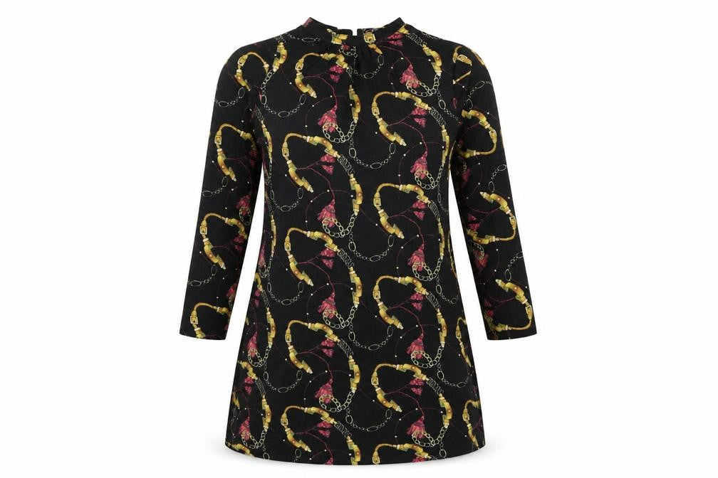 Front view of Pep&Co women’s black geometric polyester a-line, size UK 10, round neck button