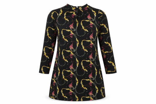 Front view of Pep&Co women’s black geometric polyester a-line, size UK 10, round neck button