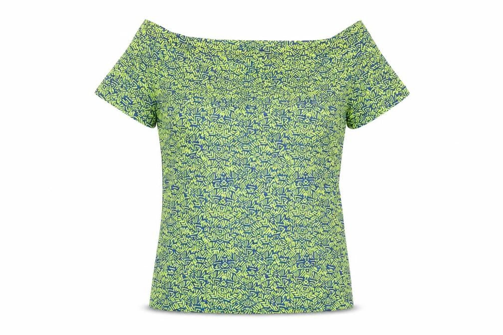 Front view of Next women’s green geometric polyester basic t-shirt, size UK 8, boat neck