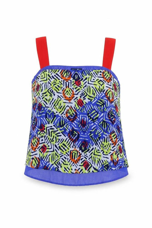 Front view of Next women’s multicoloured geometric polyester basic tank, size UK 8, square neck