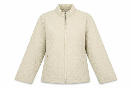 Front view of Damart women’s beige jacket, size UK 12, zip