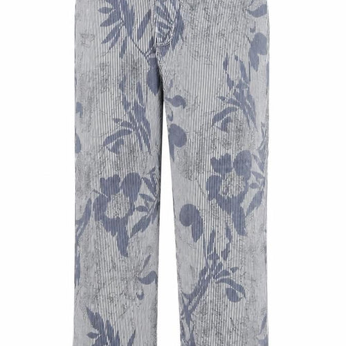 Stooker Womens Blue Striped Cotton Trousers Size 34 in Regular Zip - Flower Pattern