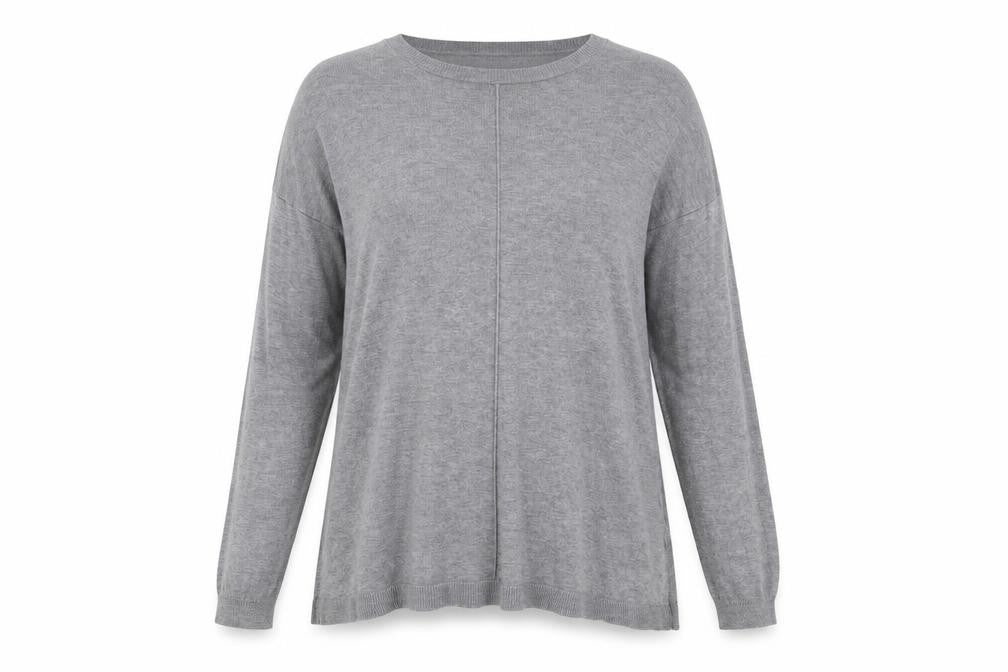Front view of Atmosphere women’s grey round neck viscose jumper, size UK 8