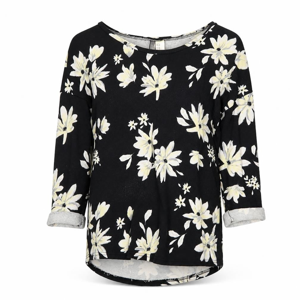 Front view of H&M women’s black scoop neck floral cotton jumper, size S