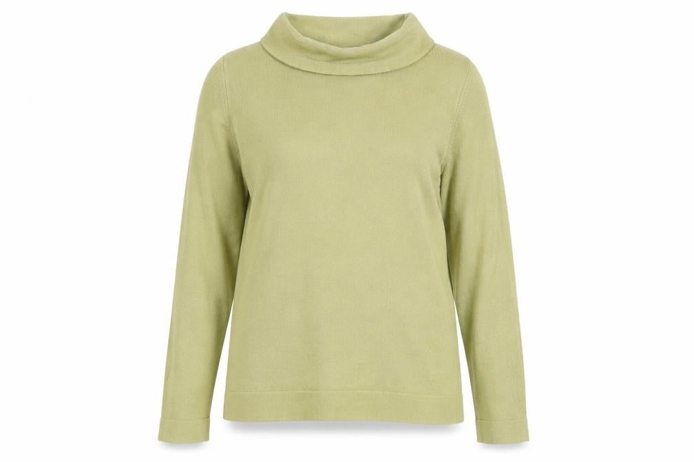 Front view of Marks & Spencer women’s green roll neck acrylic jumper, size UK 12