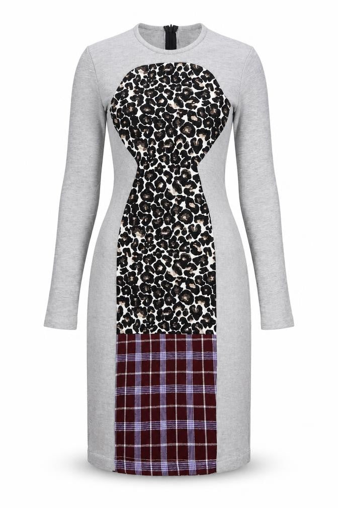 Front view of ASOS women’s grey geometric polyester jumper dress, size UK 8, round neck zip