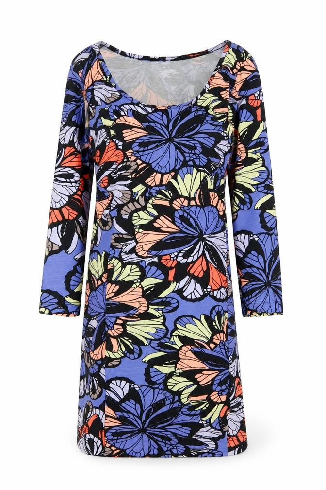 Front view of H&M women’s purple geometric cotton a-line, size XS, scoop neck pullover