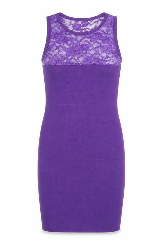 Front view of PK Clothing women’s purple polyester bodycon, size S, round neck pullover