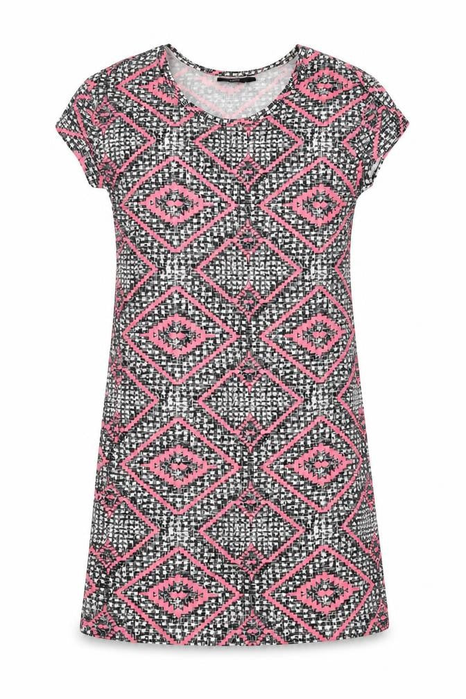 Front view of F&F women’s black geometric viscose a-line, size UK 6, scoop neck pullover