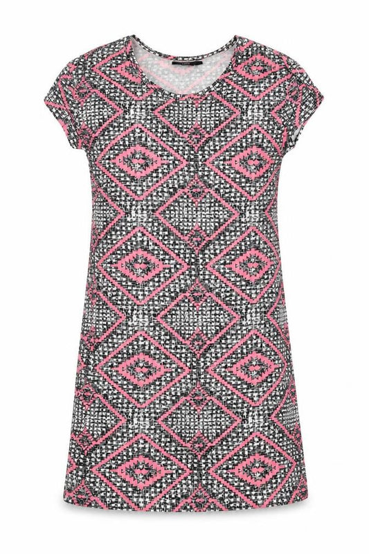 Front view of F&F women’s black geometric viscose a-line, size UK 6, scoop neck pullover