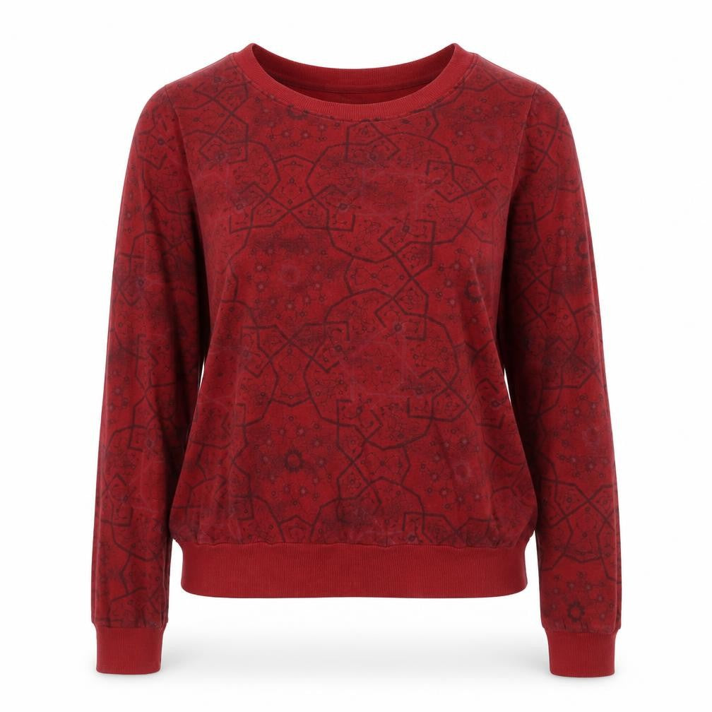 Front view of Little Unknown women’s red geometric cotton pullover sweatshirt, size M, pullover