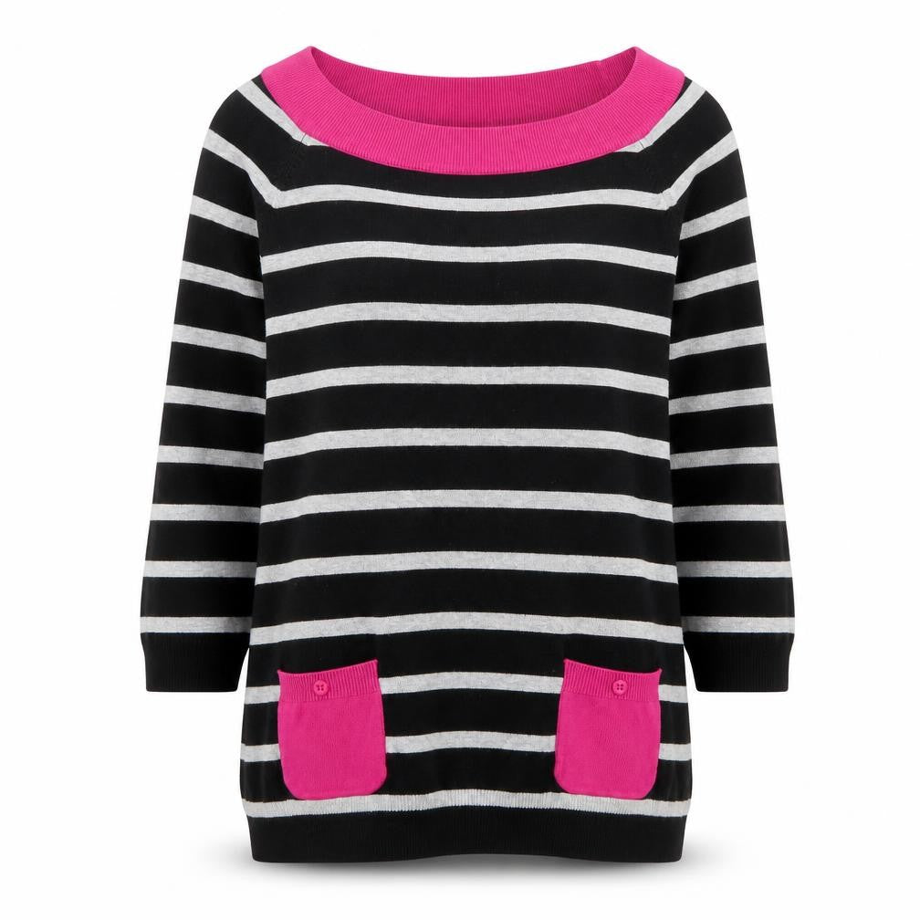M&Co Womens Black Boat Neck Striped Viscose Pullover Jumper Size 12