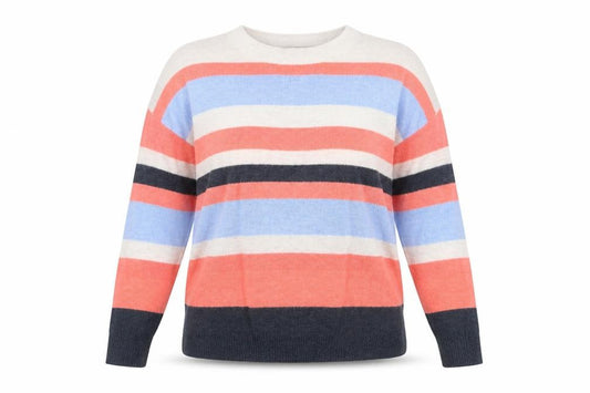 Front view of Tu women’s multicoloured round neck striped acrylic jumper, size UK 12