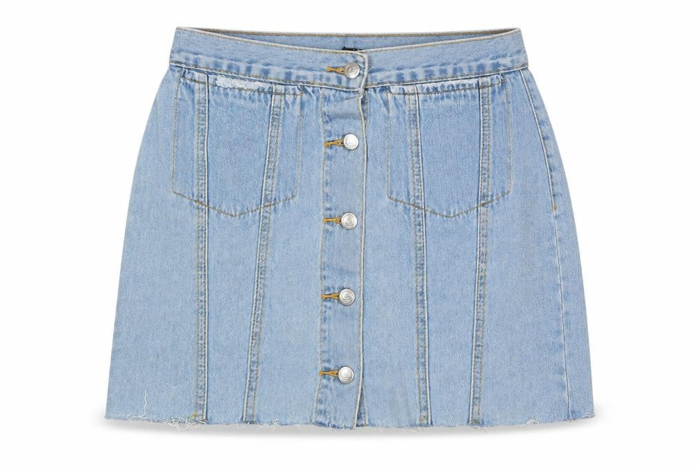 Front view of Cheap Monday women’s blue cotton mini skirt, size S, button