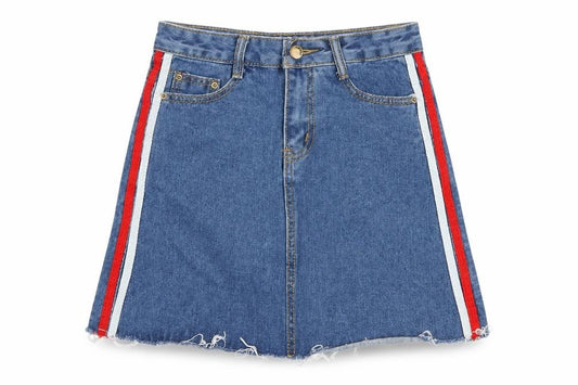 Front view of Preworn women’s blue cotton a-line skirt, size XS, zip