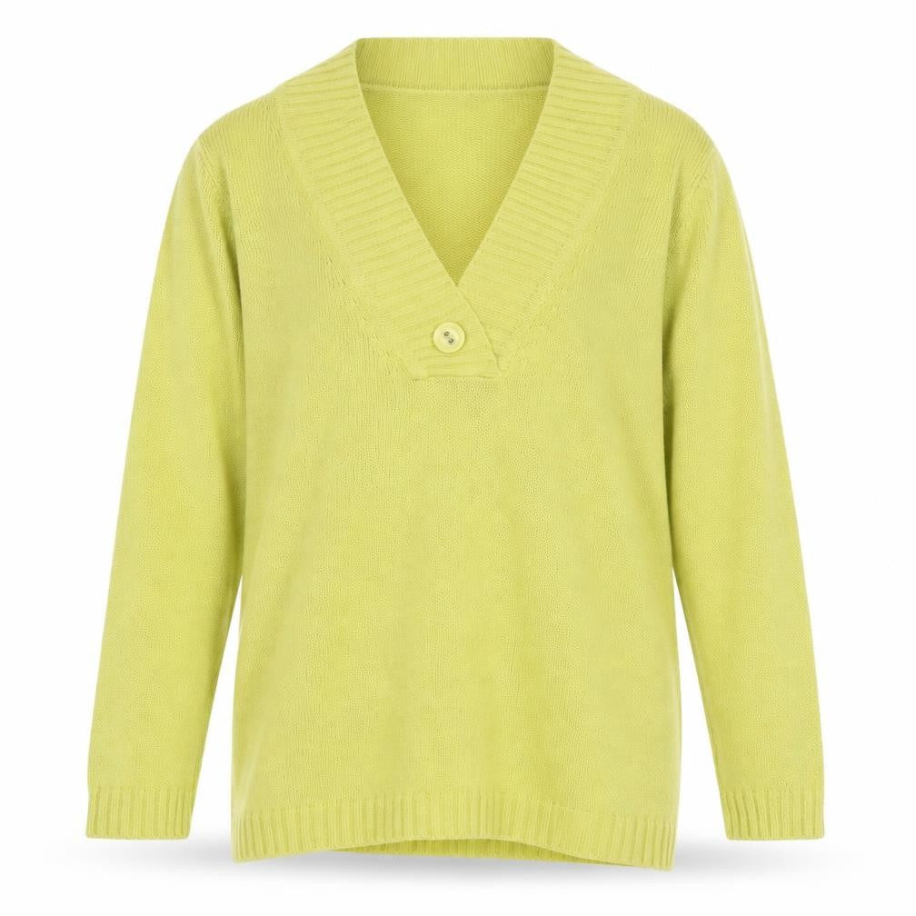 Front view of Note women’s green v-neck acrylic jumper, size UK 14