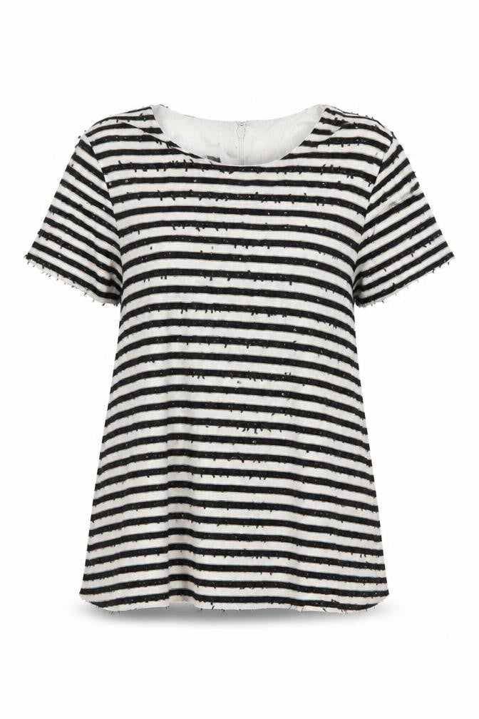 Front view of Talbots women’s black striped polyester basic t-shirt, size L, round neck