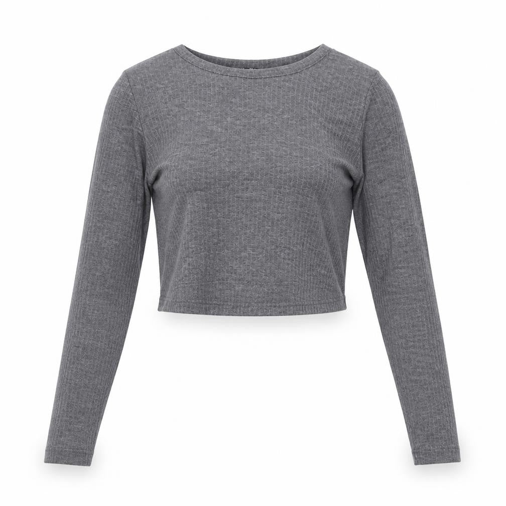 Front view of Select women’s grey polyester cropped t-shirt, size UK 8, round neck