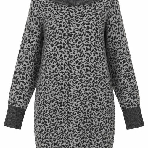 Oasis Womens Grey Animal Print Viscose Jumper Dress Size XS Roll Neck Pullover - Leopard Pattern
