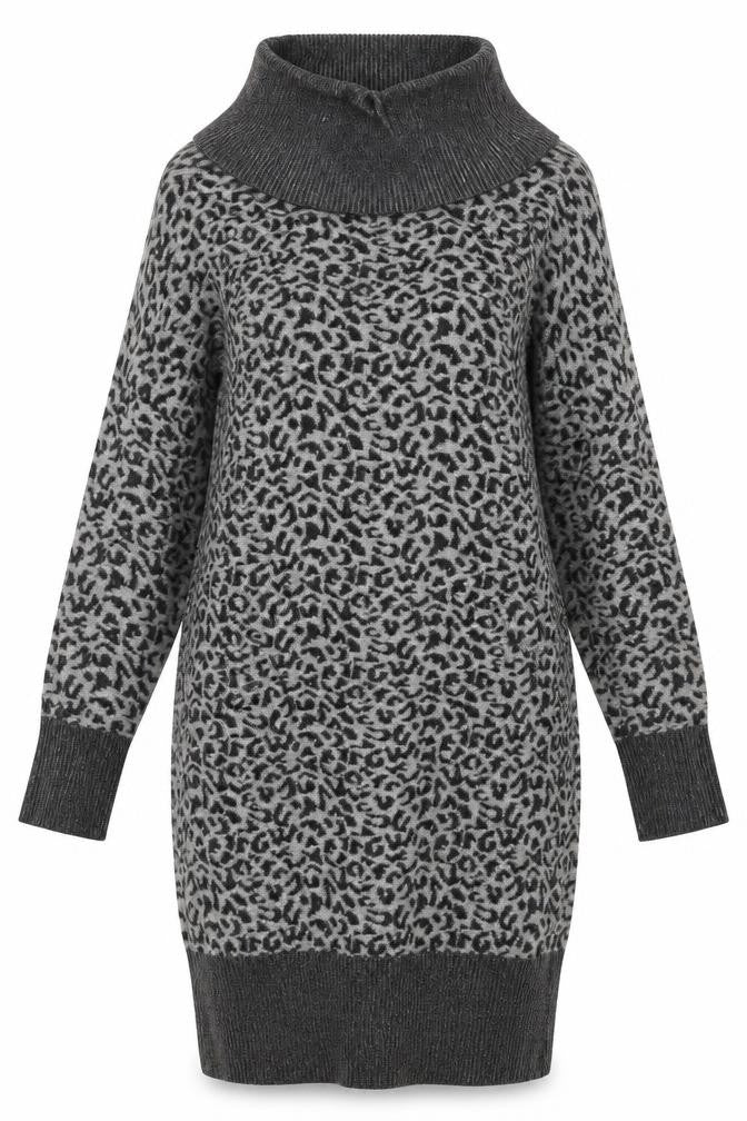 Oasis Womens Grey Animal Print Viscose Jumper Dress Size XS Roll Neck Pullover - Leopard Pattern