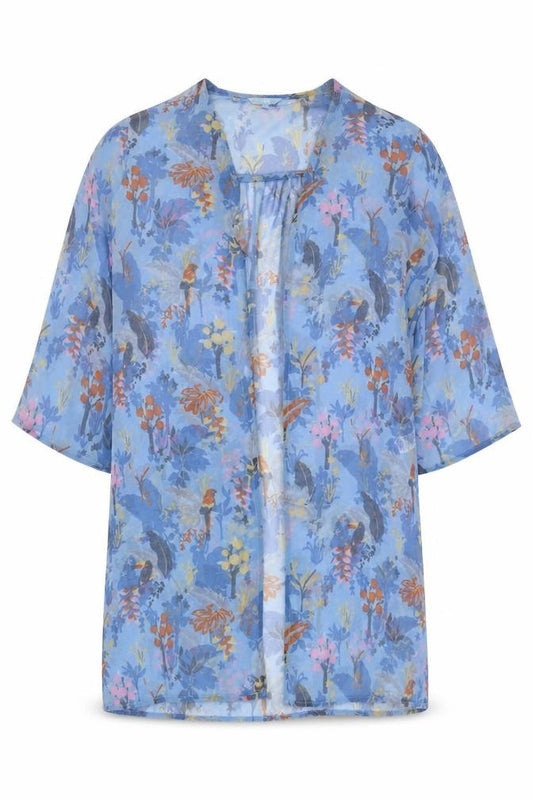Front view of Next women’s blue geometric polyester kimono blouse, size UK 10, v-neck - toucan
