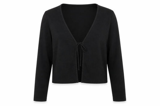 Front view of Divided by H&M women’s black polyester cropped blouse, size L, v-neck