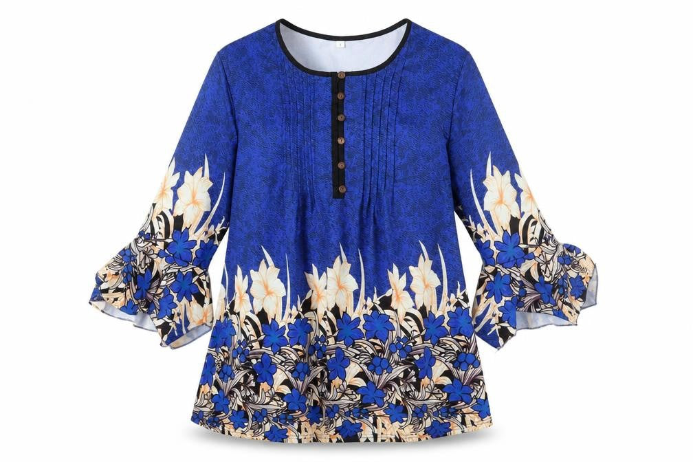 Front view of women’s blue floral polyester a-line, size L, round neck button