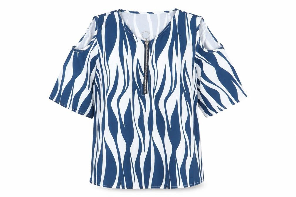 Front view of Preworn women’s blue geometric polyester basic t-shirt, size S, v-neck - cold shoulder