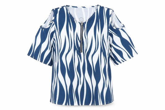 Front view of Preworn women’s blue geometric polyester basic t-shirt, size S, v-neck - cold shoulder