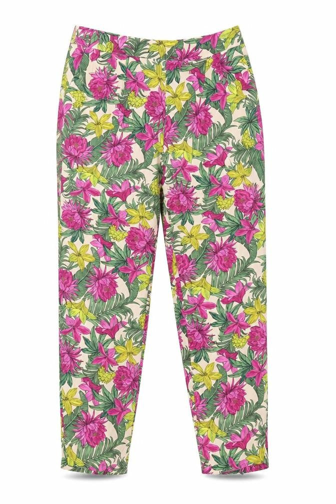 Front view of H&M women’s multicoloured floral viscose trousers, size UK 6, regular