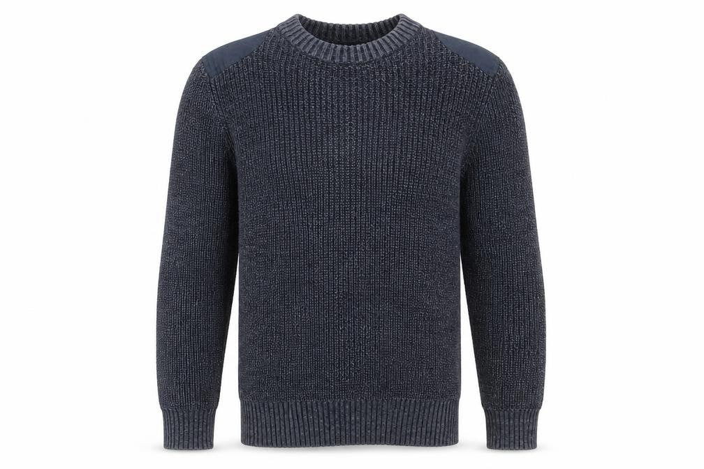 Front view of Easy men’s blue round neck polyester jumper, size M, long sleeve