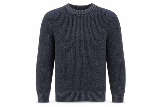 Front view of Easy men’s blue round neck polyester jumper, size M, long sleeve