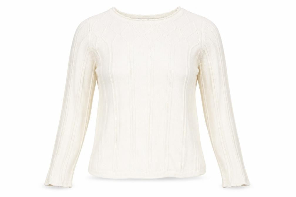 Front view of EWM women’s beige round neck acrylic jumper, size S