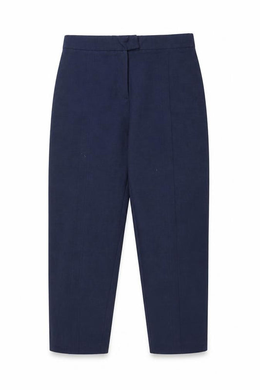 Front view of Sisley women’s blue viscose trousers, size UK 8, regular zip