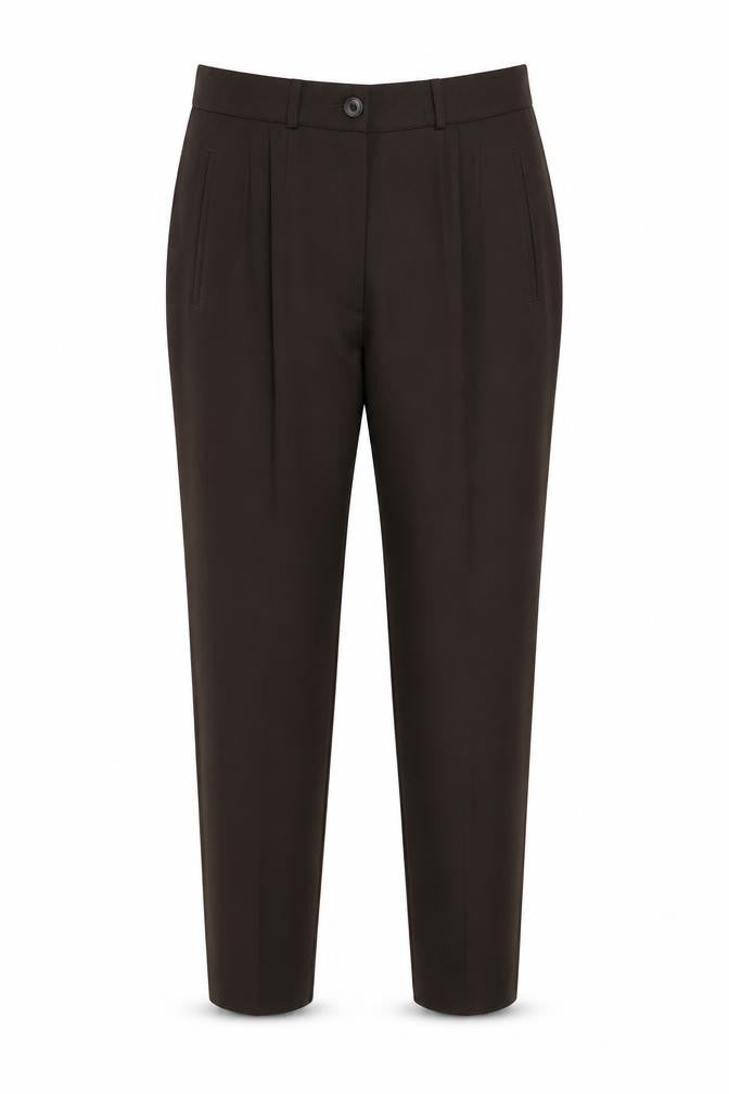 Front view of Gina Bacconi women’s brown polyester trousers, size UK 16, regular zip