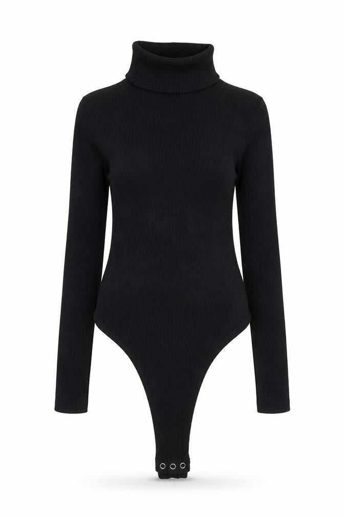 Front view of Boohoo women’s black polyester bodysuit one-piece, size UK 6, snap - ribbed