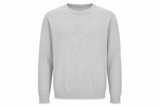 Front view of River Island men’s grey round neck cotton jumper, size L, long sleeve