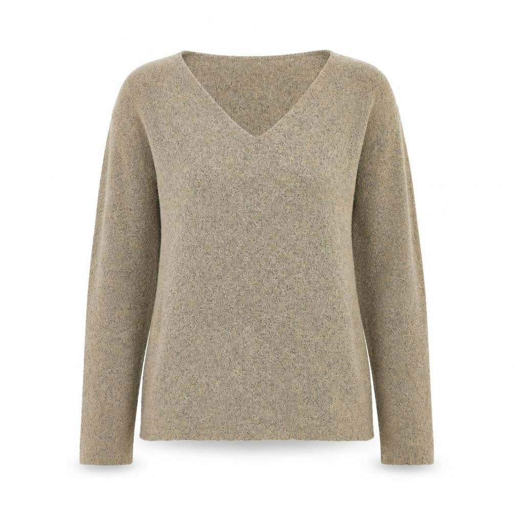 Front view of Say What women’s beige v-neck acrylic jumper, size L