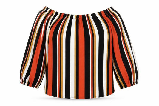 Front view of Select women’s multicoloured striped viscose basic blouse, size UK 10, boat neck