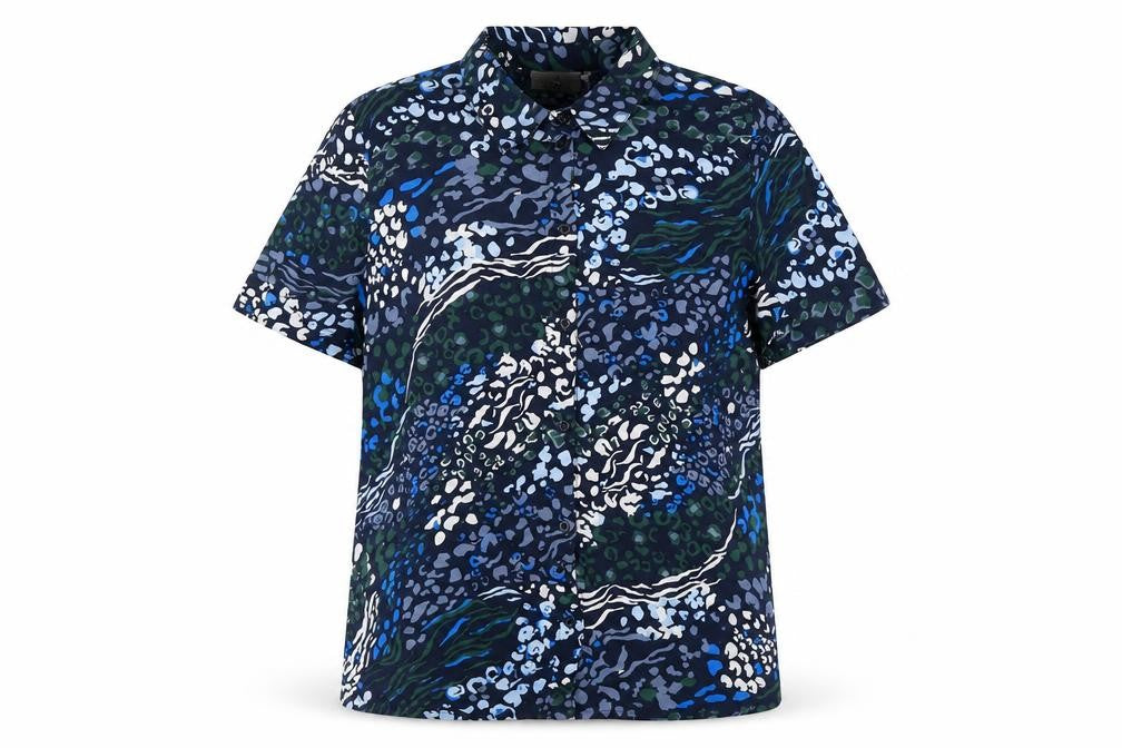 Front view of Kaffe women’s blue geometric viscose basic button-up, size UK 8, collared