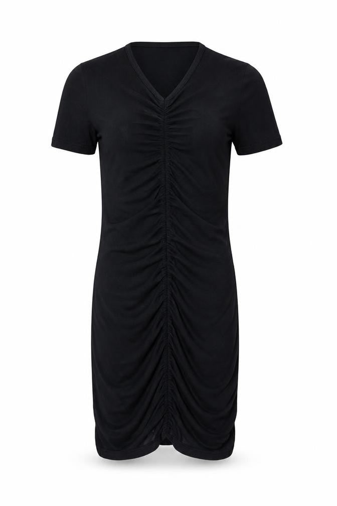 Front view of PRETTYLITTLETHING women’s black viscose bodycon, size UK 4, v-neck pullover